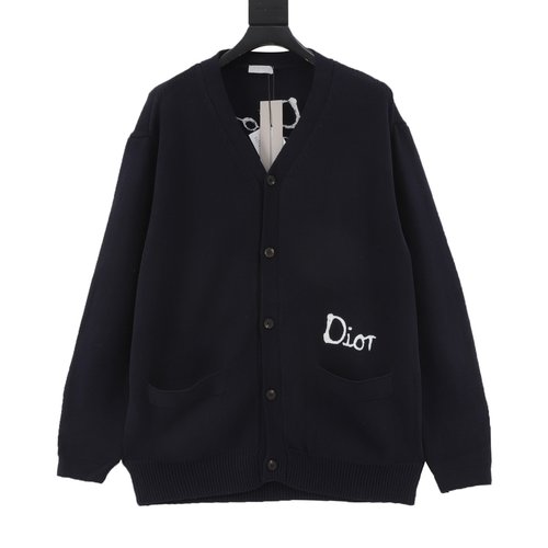 Dior Embroidered Cotton Blend Button Cardigan