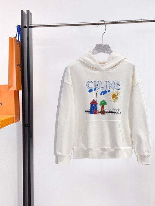 Celine Double-layer Sweatshirt with Kangaroo Pocket and Letter Print