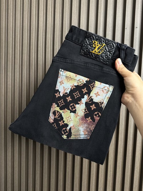 Louis Vuitton Stylish Black Jeans with Colorful Brand Pattern