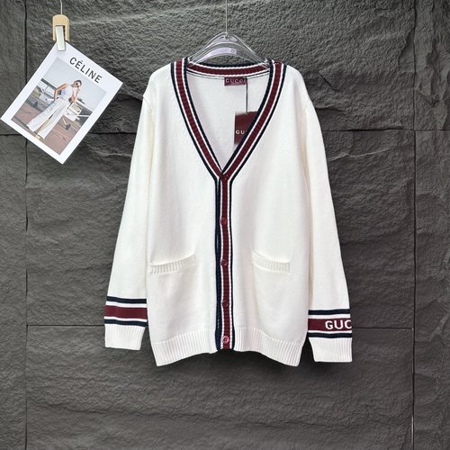 Gucci Rugby-Inspired V-Neck Knitted Cardigan Sweater