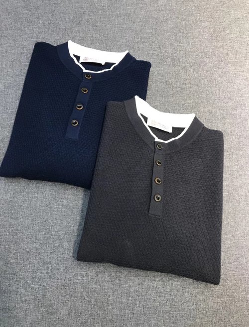 Brunello Cucinelli 100% Merino Wool Henley Sweater with Tartan Pattern