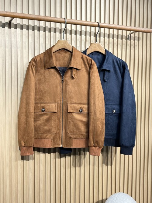 Loro Piana Vintage Suede Down Jacket with Zipper and Pockets