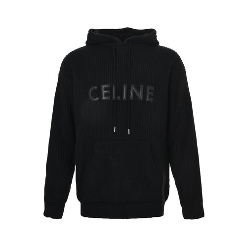 Celine Merino Wool Hoodie with Leather Appliqué Embroidery