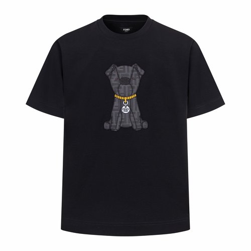Fendi Black Embroidered Bear Round-Neck Short Sleeve