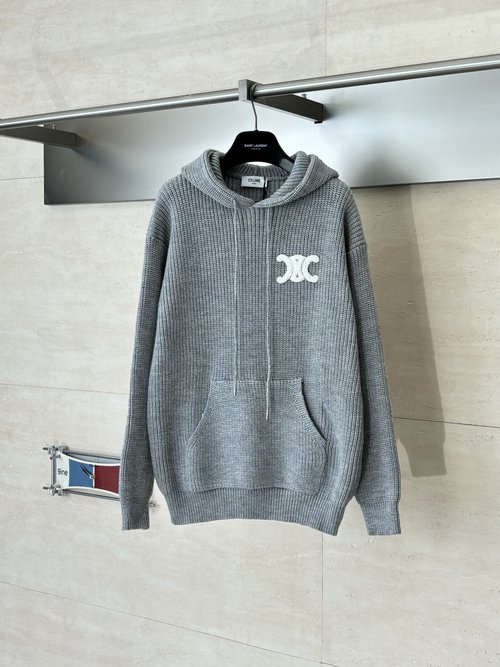 Celine Embroidered Logo Knit Hoodie with Wool Blend