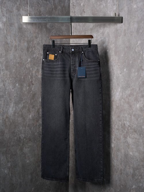Louis Vuitton Embroidered Denim Jeans with Leather Patch, Luxury Feel