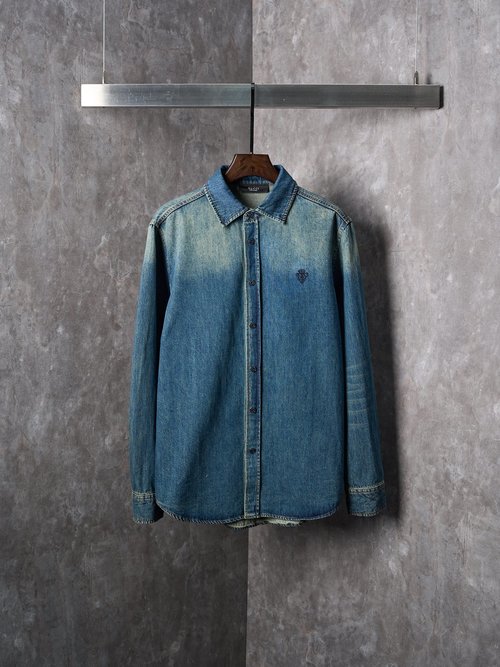 Gucci Blue Embroidered Family Crest Long Sleeve Shirt