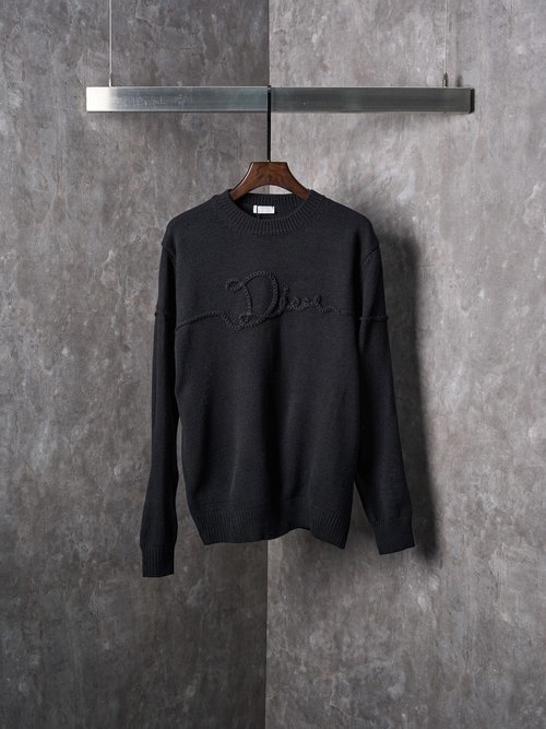 Dior Black/Beige Knit Long-Sleeve Sweater with Embroidered Logo