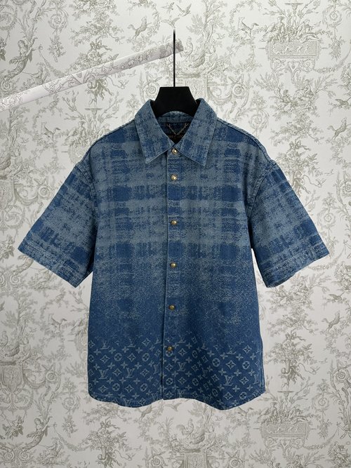 Louis Vuitton Denim Short-Sleeve Shirt with Monogram Pattern