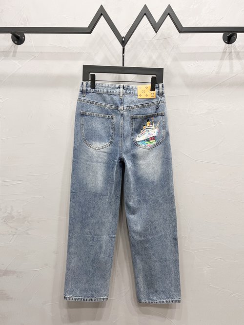Louis Vuitton Cruise Ship Print Straight-Leg Jeans with Pockets