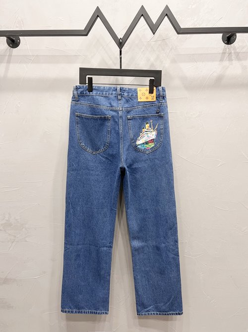 Louis Vuitton Cruise Ship Print Straight-Leg Jeans with Pockets