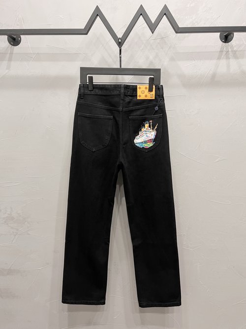Louis Vuitton Black Cruise Ship Print Straight-Leg Jeans with Pockets
