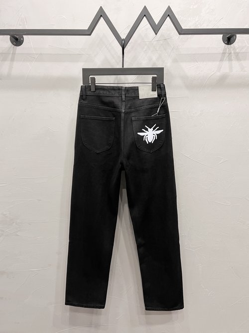 Dior Black Insect Print Straight-Leg Jeans with Pockets