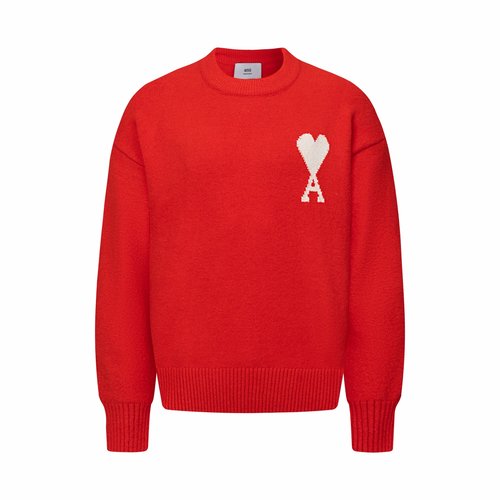 Ami Red Heart Jacquard Round Neck Sweater