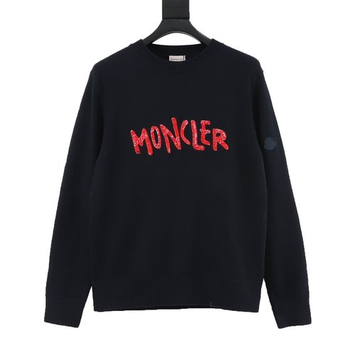 Moncler Wool Blend Knit Sweater with Red Embroidery