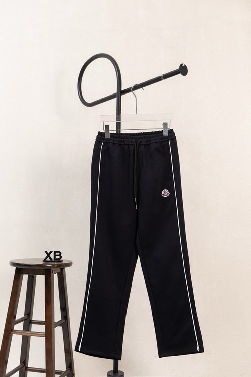 Moncler Small Logo Embroidery Straight Trousers, Black & Gray