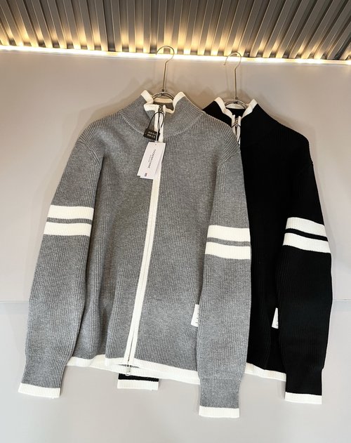 Thom Browne Men and Women s Knit Wool Cardigan with Stripes