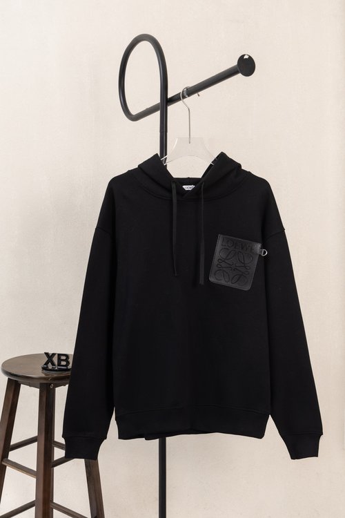 Loewe Black Chest Leather Logo Embroidery Hoodie