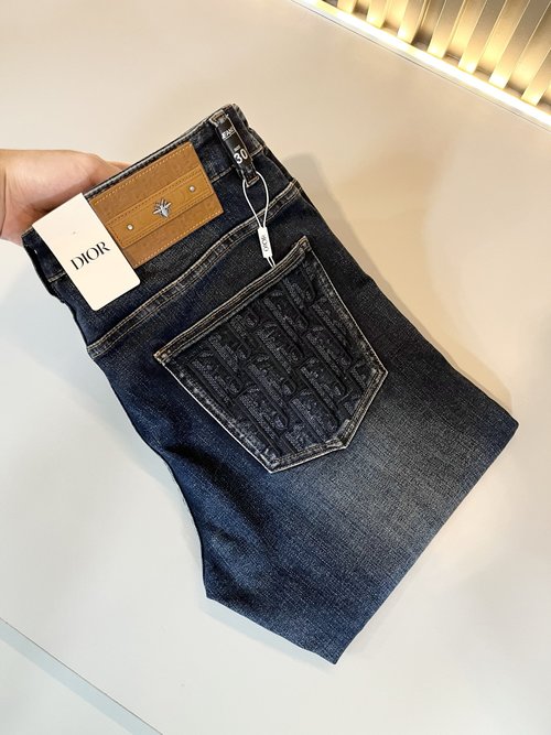 Dior Washed Straight Jeans with Leather Logo Waist Tag