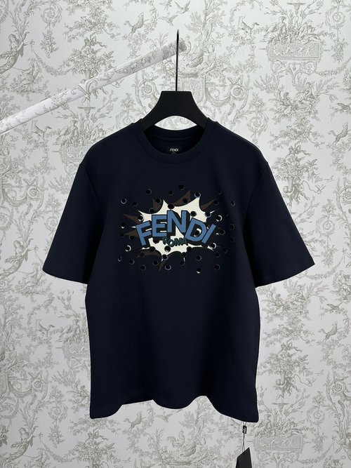 Dior Dark Blue Cotton T-shirt with Custom FENDI Pattern