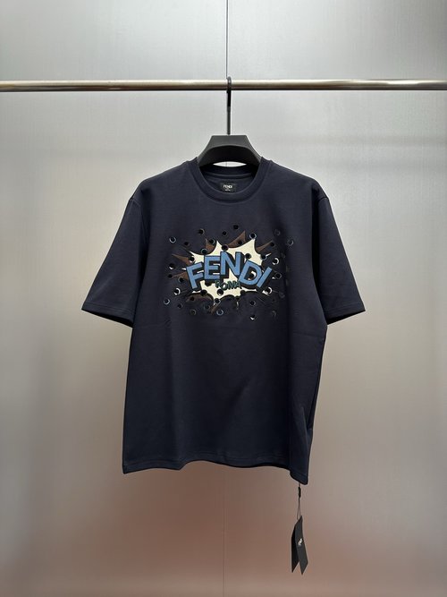 Dior New Dark Blue T-Shirt with FENDI Pattern