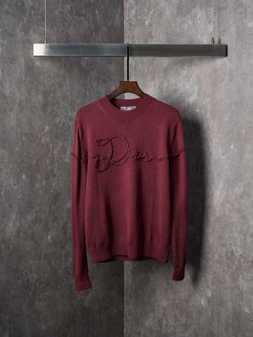 Dior Deep Wine Red Knit Sweater with 3D Knot Pattern