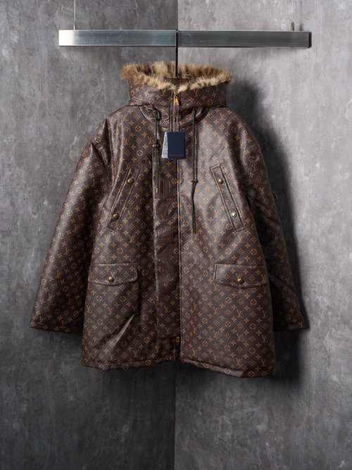 Louis Vuitton Monogram Patterned Leather Parka with Fur Collar