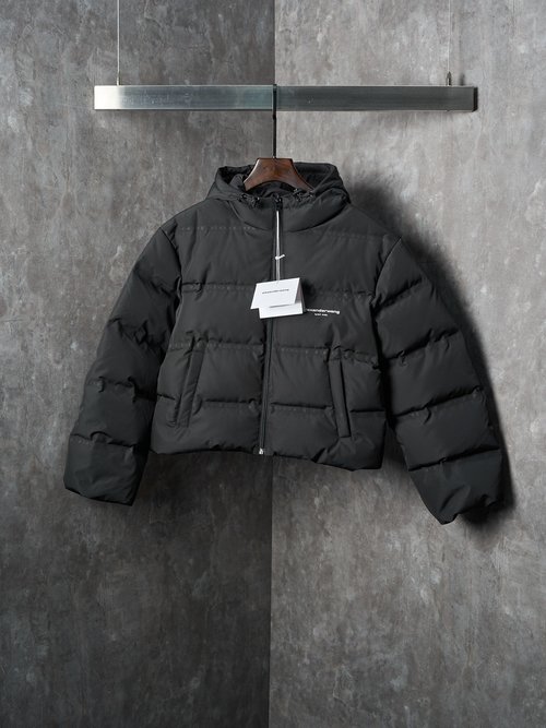 Alexander Wang Short Letter Grid Hooded Down Jacket with Logo Print