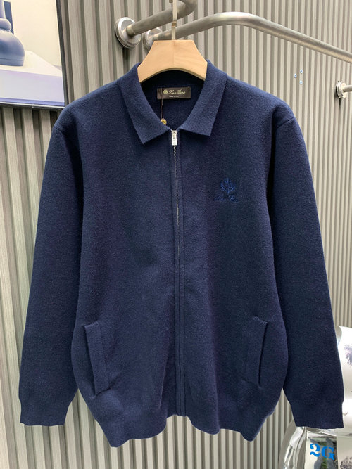 Loro Piana Classic Knit Zip-up Half-collar Jacket with Embroidered Logo