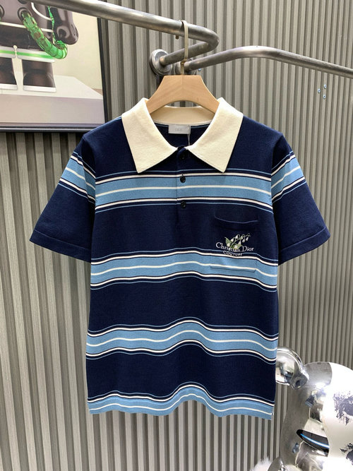 Dior Striped Knit Polo Shirt with Lily Embroidery and Custom Buttons