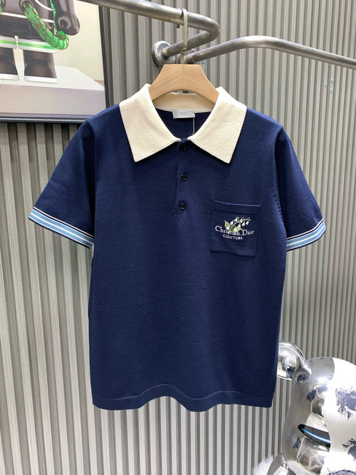 Dior Striped Knitted Short-Sleeve Shirt with Embroidered Lily of the Valley