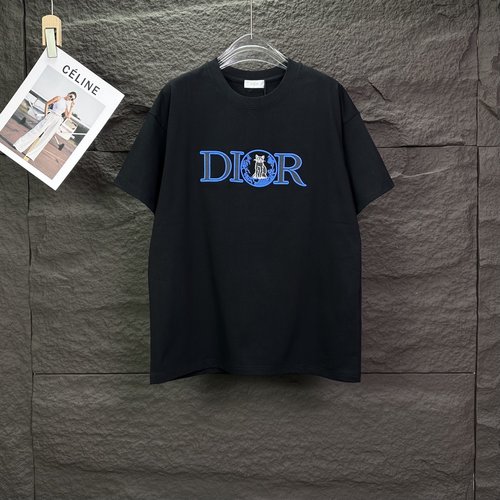Dior Blue Embroidery Letter Couple T-shirt, Black&White