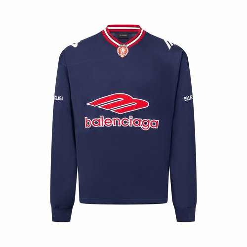 Balenciaga Blue V-Neck Long Sleeve Football T-Shirt with Embroidered Design