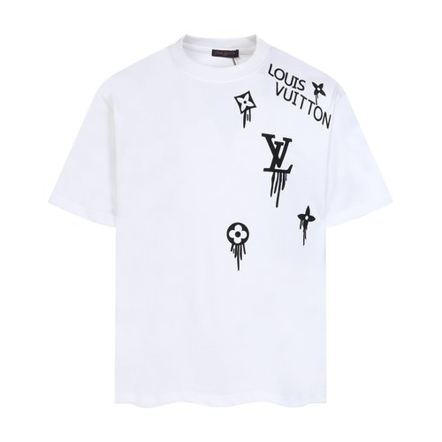 Louis Vuitton Custom Fabric Round Neck Short Sleeve T-Shirt with Flocking