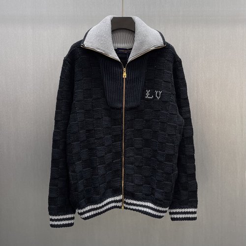 Ami Ribbed Collar Checkered Gold Zipper Cardigan