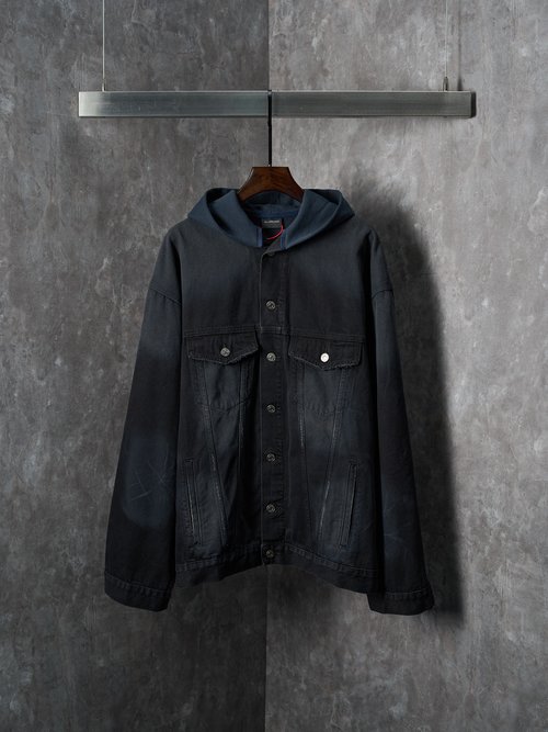 Balenciaga Embroidered Denim & Fleece Hooded Jacket, Loose Fit