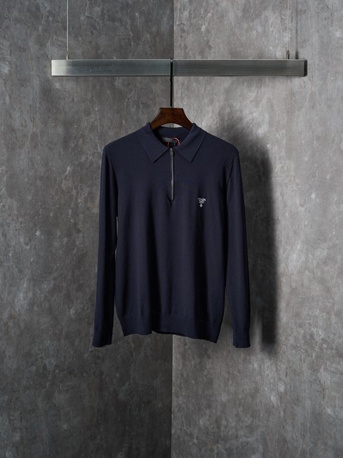 Prada Embroidered Zip Long Sleeve Polo Shirt, Loose Fit