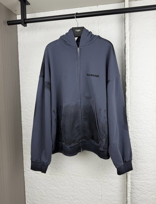 Balenciaga Embroidered Distressed Zip Sweatshirt