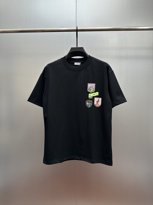 Dior Black T-Shirt with Badge Embroidery, Eye-Catching and Breathable