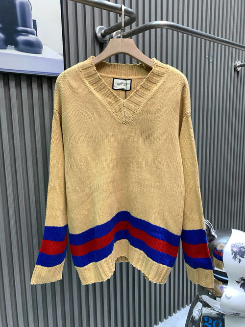 Gucci V-Neck Knit Sweater with Retro Stripe