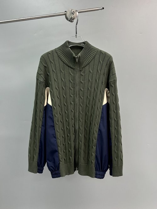 Balenciaga Military Green Knit Jacket with Sleeve Patchwork
