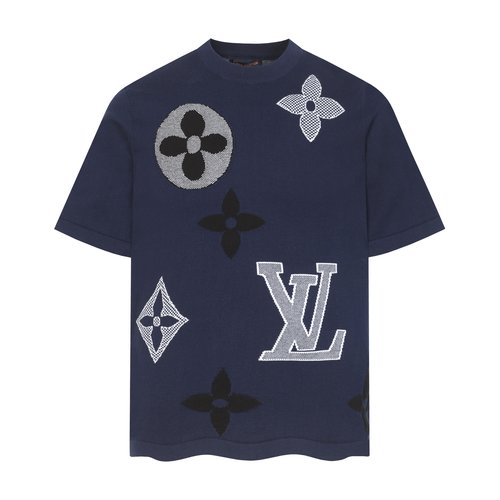 Louis Vuitton Embroidered Knit Round-Neck Short Sleeve T-Shirt in Blue