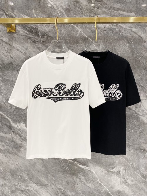 Balenciaga Embroidered Beaded Logo Short-sleeved T-shirt with Abrasion