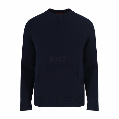 Gucci Navy Kangaroo Pocket Logo Embroidered Knit Sweater