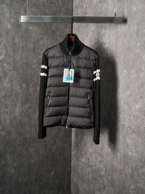 Moncler Black Knit-Combined Down Jacket with Stripes