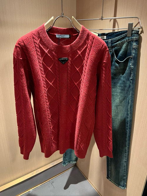 Prada Classic Knitted Wool Sweater with Metal Badge Design