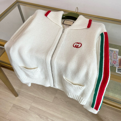 Gucci Ivory Wool Knitted Cardigan with Red-Green Webbing