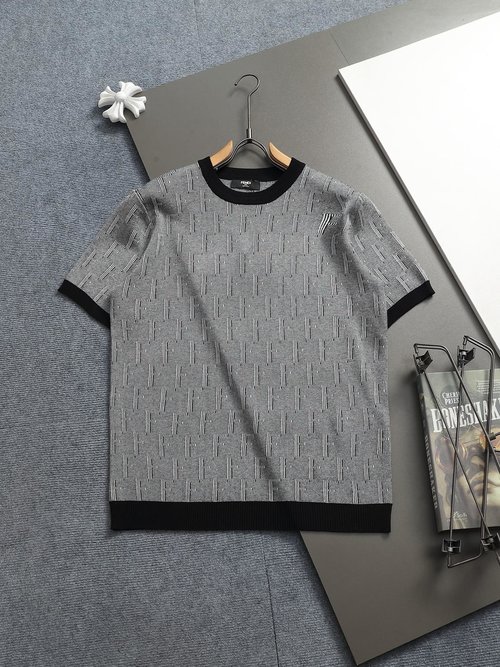 Dior Classic Double F Logo Embroidered Knit Short Sleeve Sweater