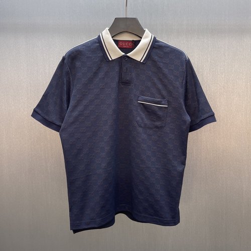 Gucci Navy Blue Knit Polo with Flower Embroidery
