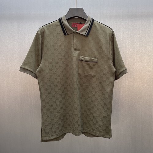 Gucci Forest Green Knit Jacquard Polo Shirt with Striped Collar